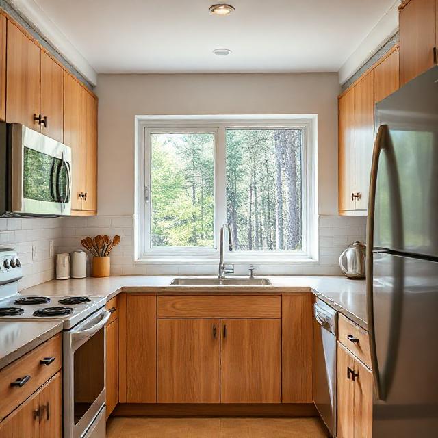 bright kitchen with forest view and modern appliances