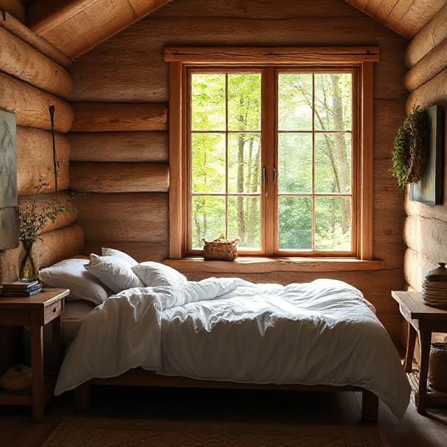 cozy bedroom with double bed and forest view